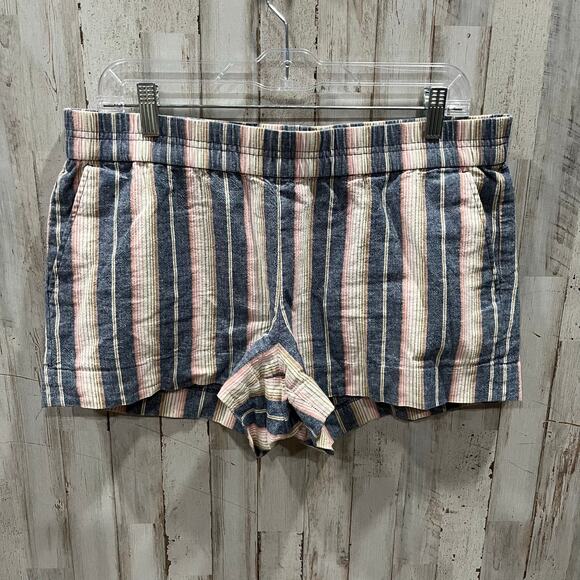 JCrew Stripe Pink Gray Linen Blend Pull On Shorts Pockets Womens 10 - Picture 1 of 7